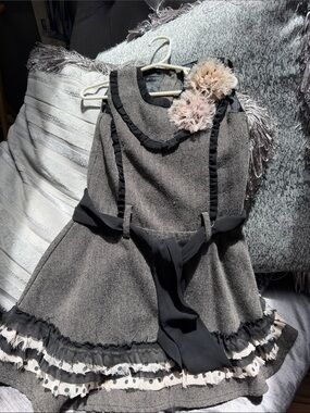 Trish Scully Grey Herringbone Ruffle Dress with Black Sash